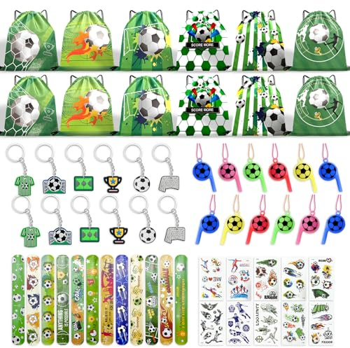 GOLDNICE Football Party Bags Fillers for Kids 60pcs Football Party Favours Football Party Drawstring Bags Football Wristbands Keychain Tattoo Stickers Whistles Soccer Party Favours Birthday Gift