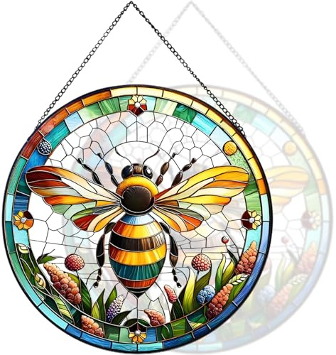 RIVEENY Bumblebee Buntglas-Fensterbehang, 20,3 cm, Bienen-Sonnenfänger, Buntglas-Fensterpaneel, Geschenk für Weihnachten, Jahrestag, Geburtstag, Muttertag