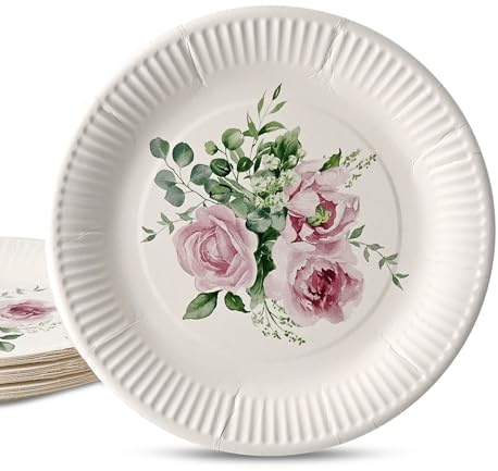 ECOFIESTA 96x Pappteller für Geburtstage 23 cm Rosen & Eukalyptus - Partygeschirr plastikfrei - Einweggeschirr, JGA Deko