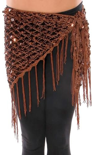 YNZUNMY Bauchtanz Hüfttuch,Bauchtanz,Bauchtanz Gürtel Grün/Gold/Silber Bauch Tanz Zubehör Glänzend Häkeln Gürtel Pailletten Hüfte Schal Quaste Wraps for Bauchtanz Taschentuch(Brown)
