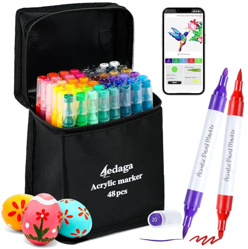 AEDAGA 48 Colours Numbered Acrylic Paint Pens with Free App, Dual Tip Acrylic Paint Markers with Brush Tip and Fine Tip for Adults, Eggs, Wood, Rock, Canvas, Plastic, Stone, Glass, Ceramic