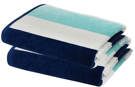 COTTON CRAFT Oversized Beach Towel - 2 Pack 35 x 70 inches XL Beach Towel - 100% Cotton Velour - Big & Huge - Thick Plush 450 GSM Super Soft Luxury Towel - Pool Picnic Bath - Cabana Stripe Blue
