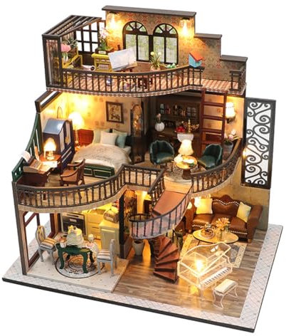 Kit de construcción de casa en miniatura, casa de muñecas de madera, invernadero de madera en miniatura con muebles y luz, kit de casa en miniatura con luces LED de madera, juguete para adultos y