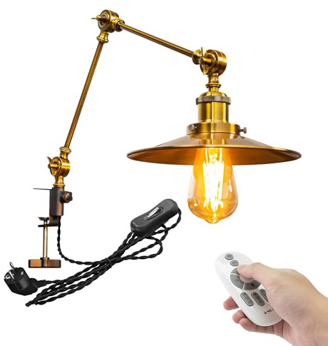 FSLiving Retro Klemmleuchte mit Fernsteuerung,1 Packung Leselampe mit 2,5 m Kabel, Dimmbar Nachttischlampe,Augenpflege Schreibtischlampe für Büro Heimgebrauch, E27 Lampenhalterung - TB2773GL