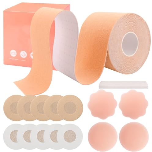 Boob Tape, 21pcs Sujetador Adhesivo Push Up, Pezoneras Adhesivas Invisibles con 7 Pares de Cubiertas Transpirables Para Tit Tape, 1 Boob Tape, Pezoneras Mujer, Pezoneras de Cinta (5 cm x 5 m)