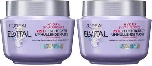 L'Oréal Paris Elvital Hydra Hyaluronic feuchtigkeitsspendende Haarmaske für glänzendes Haar, Hyaluron Intensivkur für einen Feuchtigkeitsboost, bis zu 72h langanhaltende Feuchtigkeit und Pflege, 300ml
