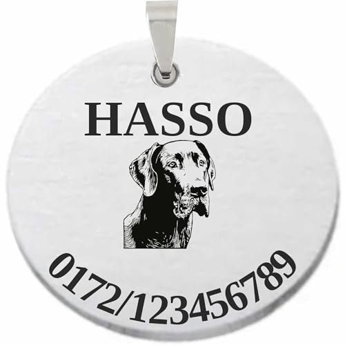 INDIGOS UG - Hundemarke mit Gravur Deutsche Dogge - rund - Wunschtext personalisiert - Edelstahl 40mm - Namensschild Halsband - Dog Tag - Anhänger Marke für Hunde & Welpen