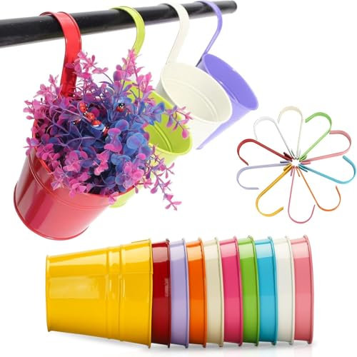 ComfyNex 10Pcs Colourful Metal Iron Flower Pot Vase Hanging Balcony Garden Planter Home Decor, Flower Bucket Wall Planter Garden Planters, Metal Hanging Flower Pots for Balcony Fence Home Decor