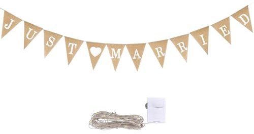 GoldRock Just Married Girlande Hochzeit Deko mit Led Lichterkette, Jute Hochzeitsdeko Girlande, Hochzeit Deko Wimpelkette Banner Set, Hochzeitsgirlande Just Married Dekoration,Hochzeitsdekoration Auto