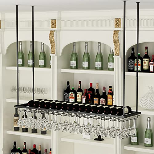 Portabottiglie da soffitto in metallo – Portabicchieri da vino galleggiante creativo e contenitore per bottiglie, elegante calice nero per casa e bar (dimensioni: 140 x 27 x 8 cm)