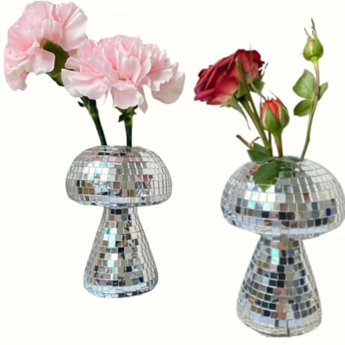 Lot de 2 vases en verre en forme de champignon disco – Décoration de conte de fées faite à la main, cadeau unique pour la maison, le bureau et la cuisine, joli pot de fleurs et centre de table en