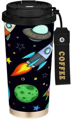 JUMBEAR Taza de viaje con aislamiento al vacío de dibujos animados Planet and Rocket, tazas de café reutilizables de viaje, taza de café de acero inoxidable de doble pared a prueba de fugas con tapa