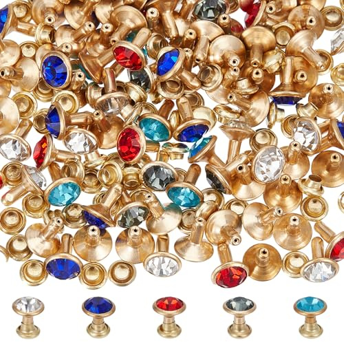 NICENEEDED 100 Ensemble de Rivets et Clous en Strass Rivets Ronds en Cristal de 8mm 5 Couleurs Clous à Pointes Diamantées pour Cuir Chaussures Ceintures Réparation Décoration