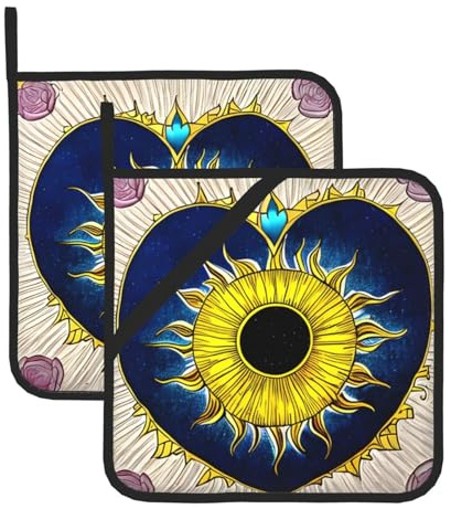 Set di presine con stampa di sole e cuori in stile cartone animato, presine resistenti al calore, guanti da forno da cucina per forno, barbecue e forno a microonde