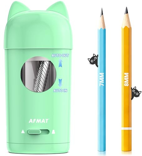 AFMAT Vollautomatischer Elektrischer Anspitzer mit Katzenohren, Elektrisch Bleistiftspitzer mit Behälter für 7-8mm Stifte (Dicke & Dünne) – USB Spitzer Kinder, Geschenk für Schule/Büro,Grün PSX9