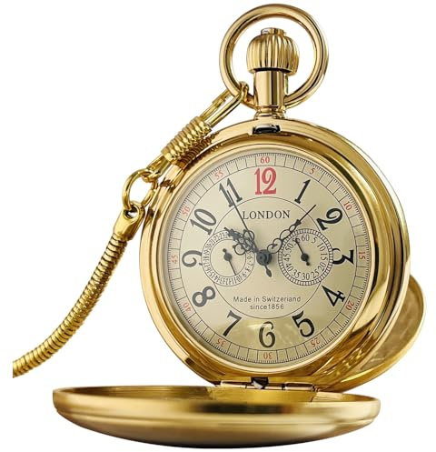 VIGOROSO Gold Mechanical Pocket Watches for Men with Chain Vintage Men's Pocket Watch for Women Wind Up Pocketwatch No Battery Arabic Retro Birthday Wedding Retirement Christmas Gifts for Men Women