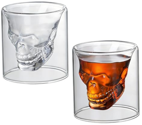 Tbintul 2 stycken dödskalleglas, dubbelväggiga kaffeglas, dubbelväggiga glas latte macchiato, perfekt för whiskyvodka absint kaffe öl te (250 ml)