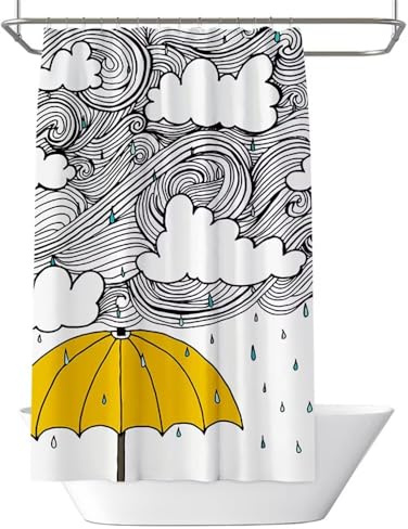 Cortina de Ducha Antimoho Nubes Blancas y Negras Cortinas de Baño de Poliéster Impermeable Cortina Ducha 180x200 cm, Paraguas Amarillo Shower Curtain Secado Rápido Lavable con Ganchos (LB1352)