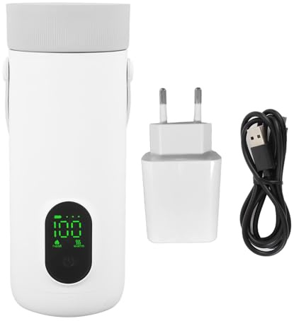 Naroote Hervidor Eléctrico de Viaje, Hervidor de Agua Portátil Recargable por USB de 350 ml con Función Anti-Sequía, Aislamiento de 12 Horas, para Coche, Camping al Aire Libre (Enchufe de la UE)