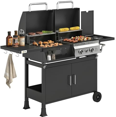 Outsunny Barbecue Hybride Gaz et Charbon de Bois - Barbecue Mixte 2 en 1 avec 3 Brûleurs et Feu Latéral - avec Thermomètre, Cabinet de Rangement et Décapsuleur, Noir
