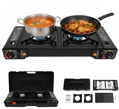 Campingkocher, Gaskocher 2-flammig Tragbar 5 kW mit Piezozündung und Grillplatte, Schmutzabweisende Beschichtung, Gas Stove Tischgerät für Outdoor, Balkon & Indoor