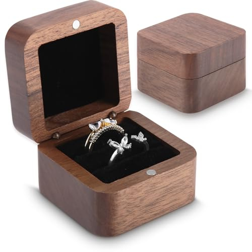 Gyxova Ringbox Bröllop 2 Ringar, Ringlåda Trä Med Svart Sametsklädsel, Vintage Ringlådor För Förlovning Och Bröllop