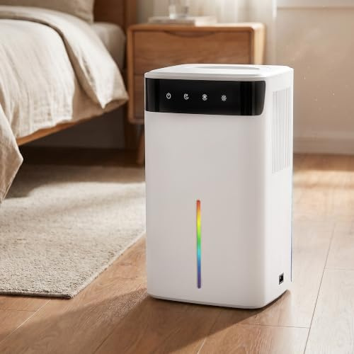 Mini Déshumidificateur Électrique 2600ML, Déshumidificateur d'Air Silencieux avec Mode Nuit 40 dB, Lumière LED Multicolore et Fonction Dégivrage, Déshumidificateur Salle de Bain, Chambre, Cave