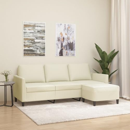 Augerqir 3-Sitzer Sofa mit Hocker Creme 180 cm Kunstleder, Polstergarnitur mit Armlehne und Rückenlehne, Ottomane für Wohnzimmer Gästezimmer Jugendzimmer Büro Lounge