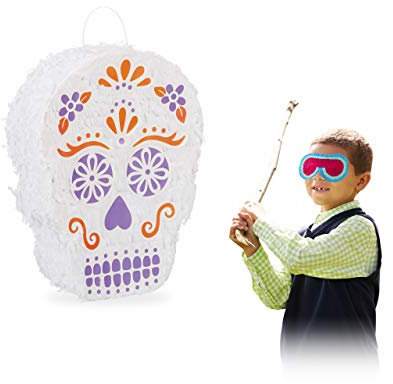 Relaxdays Pignatta a Forma di Teschio Messicano, da Riempire, per il Giorno dei Morti, da Appendere, in Carta, Grande, Bianca