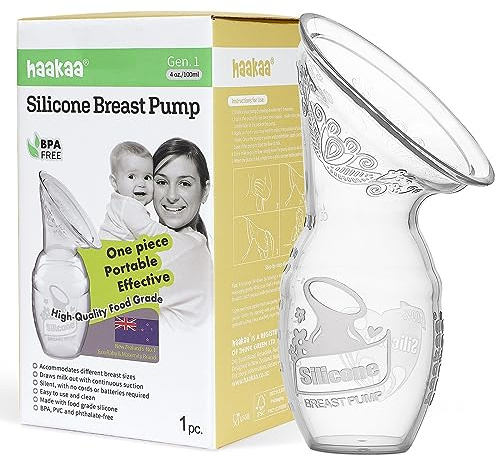 haakaa Silicone Manual Breast Pump, Food Grade Silicone, Adjustable Suction, Lightweight & Portable Manual Breastfeeding Pump, 4oz/100ml