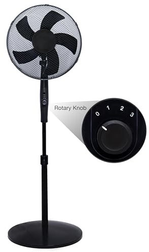 Knight 16 Pedestal Fan | Adjustable Height 140cm | Heavy Round Base | 3-Speed Settings | Oscillating & Tilting Head | 4-Position Rotary Knob | Sleek Matt Black Finish | Patent Design