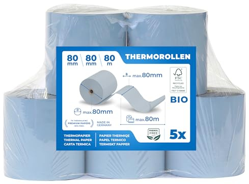 THERMALKING - ÖKO - Thermorollen 80mm x 80m x 12mm [für Bondrucker wie Epson, IBM & co.] - Bonrollen 80x80x12 Thermo - Thermopapier - Geeignet für Drucksysteme mit Papierbedarf bis 80m (5 Stk)