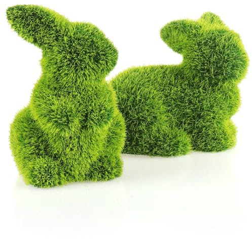 com-four® 2X Dekofigur - Osterhase - grüne Hasenfigur aus Keramik - kunstvoll gefertigte Dekofiguren für Frühling und Ostern - Hasenpaar mit Kunst-Gras überzogen - Osterdeko (2 x Hase-11 cm)