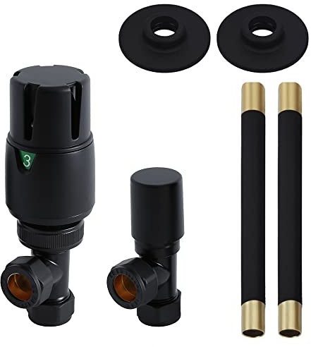 MILANO Black Angled Thermostatic Radiator Valves Pipe Connector Kit