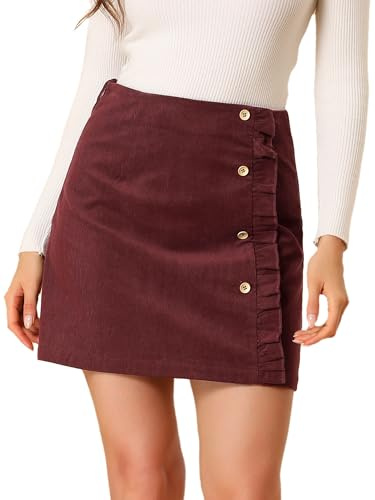 Allegra K Women's Corduroy Vintage Button Decor Ruffled Trim High Waist Short Skirt X-Large Burgundy