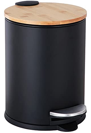 Mini Trash Can with Bamboo Lid Soft Close and Foot Pedal, 0.8Gal / 3L Tiny Round Trash Can with Removable Plastic Inner Wastebasket for Bathroom, Bedroom, Powder Room, Office, Desk, Car, Black
