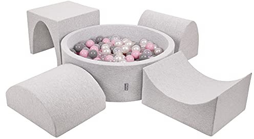 KiddyMoon Spielplatz Aus Schaumstoff Mit Rund Bällebad (200 Bälle) Ballgruben Für Babys Spielbad Hindernisläufen, Hergestellt In EU, Hellgrau:Perle/Grau/Transparent/Puderrosa