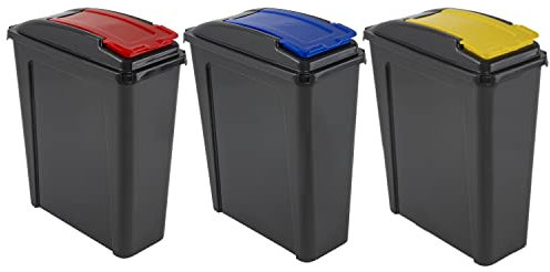 M1SS (Set of 3) 25L Litre Plastic Indoor Outdoor Recycle Slimline Waste Bin Trash with Flap Lid for Home/Kitchen/Bathroom - Made in UK (Red, Blue, Yellow)
