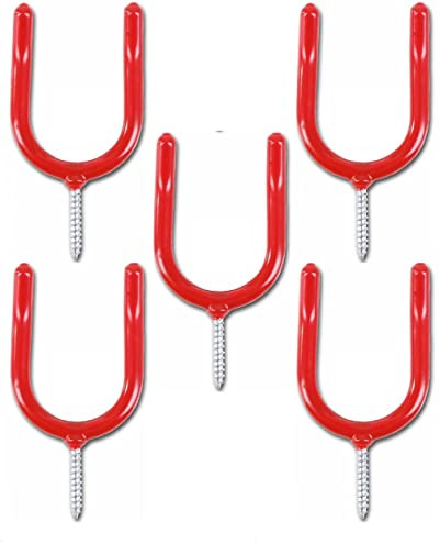SISI UK Heavy Duty Red Garage Tool Hooks for Shed & Workshop, 5 Pack | 5 red screw-in tool hooks with 75mm projection and 35mm prong gap for compatible garden and workshop tools.