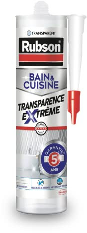 Rubson Mastic Bain & Cuisine Transparence Extrême, Mastic étanche et anti moisissures à base de silicone, Excellente Adhérence sur Tous Les Matériaux, Cartouche 280 ml