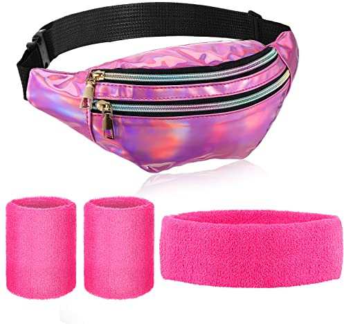 4er Pack 80er 90er Kostüm Zubehör mit Taschen Set inkl. Gürteltasche PU Leder Bauchtasche, Schweißband Stirnband und Schweißband Armbänder für Retro Party Karneval (Lila und Rot)