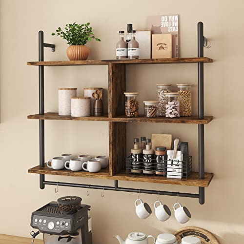 Bestier 3 Tier Floating Pipe Shelving 105.5CM Industrial Wall Mounted Ladder Shelf Hanging with Circular Tube with Hooks Wood Display Storage Home Decor Book Shelves