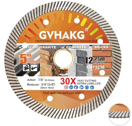 GVHAKG Diamanttrennscheibe 125mm,Turbo Dünn Diamant Trennscheiben Für Fliesen Feinsteinzeug Granit Marmor Beton Keramik Ziegel,Diamantscheibe Für Winkelschleifer(1 pcs)