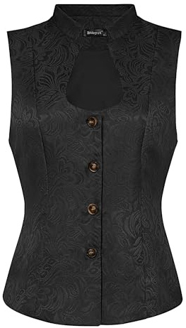 Allegra K Damen Trachtenmieder Dirndl Anzugweste Ärmellos U-Ausschnitt Einreihige Steampunk Jacquard Weste Schwarz M