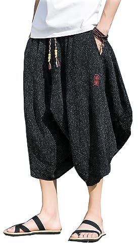 Seidarise Men's Japanese Kimono Traditonal Beach Pants Linen Capri Summer Harem Pants Wide Leg Cropped Pant