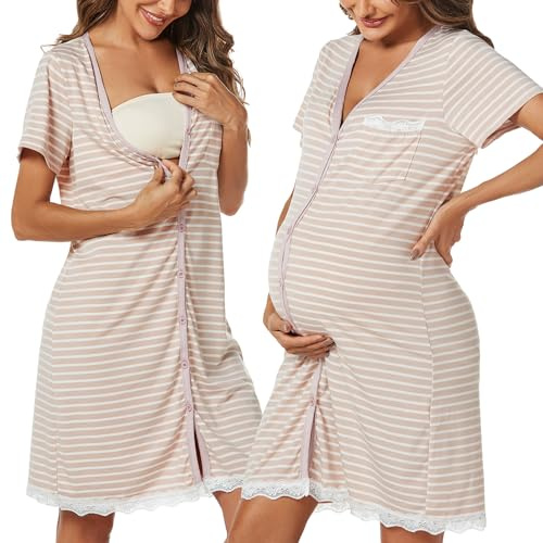 Uniexcosm Maternity Nursing Nightdress, Women's Short Sleeve Nightwear Soft Button Down Nightgown Stripe Sleepwear Maternity Pyjamas Nightshirt Pink