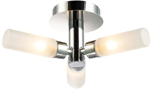 Happy Homewares Modern Polished Chrome IP44 Rated Bathroom Ceiling Light Fitting with Tubular Frosted Glass Shades | 3 x 18w G9 Required | 31cm x 12cm