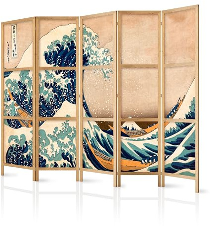 murando - Paravent Raumteiler Holz die große, 225x172 cm, 5-teilig, modern | Mobiler Sichtschutz, sofort einsatzbereit, Holzrahmen, ideal fürs Wohnzimmer oder Büro, geruchsneutral, lichtbeständig