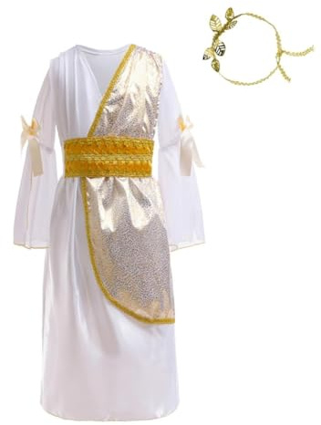 Lito Angels Deguisement Costume Robe de Déesse Grecque Romain Antique avec Bandeau Couronne Laurier pour Enfants Filles Taille 11-12 ans, Blanc Or (étiquette en tissu XL)