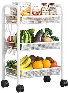 HYPIQQ Aufbewahrungswagen Mit Rollen KüChenwagen Auf Rollen Rollwagen KüChe Metall Bathroom Cart Nischenwagen 25 cm Breit，Badrollwagen Mit 4 Haken Und BremsräDern,Weiß,3 Tier